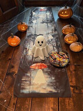 Halloween Fuzzy Ghost Table Runner Extra Long 72.5" Black Gray NEW